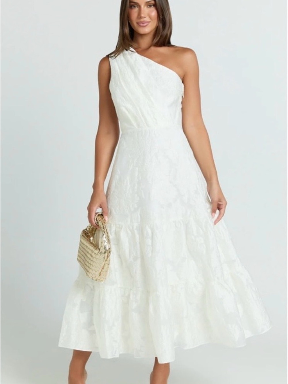 Showpo White One-Shoulder Tiered Midi Dress